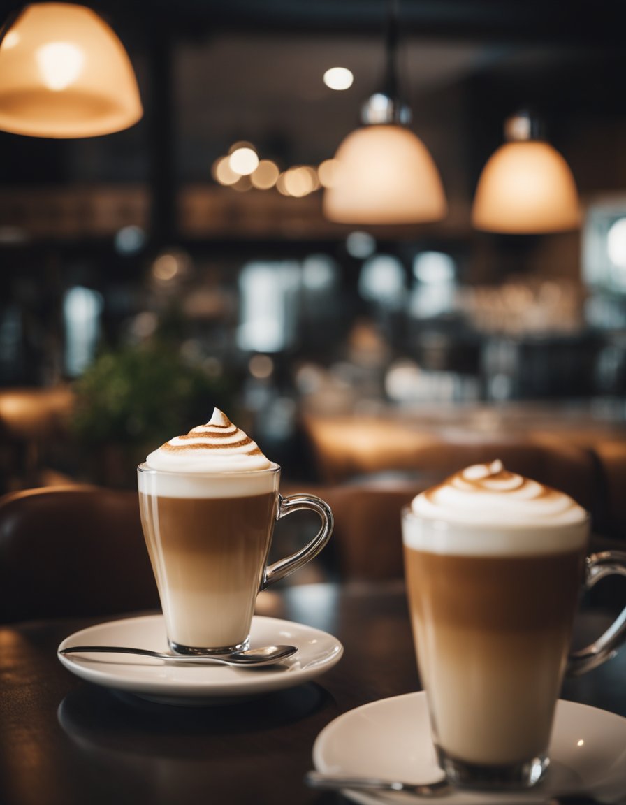 A cozy cafe with a warm, inviting atmosphere. The decor is modern and stylish, with comfortable seating and soft lighting. A barista is skillfully crafting a beautiful latte art design on a cup of coffee